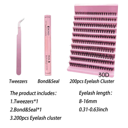 DIY Lashes Extension Kit Eyelashes 200 PCS Clusters Lash Bond and Seal Makeup Tools for Gluing Lashes Gluing Glue Accessories