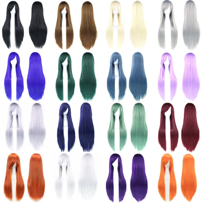 80Cm Long Synthetic Hair White Purple Cosplay Wigs Party Black Hair Straight Wig Hairpiece for Women