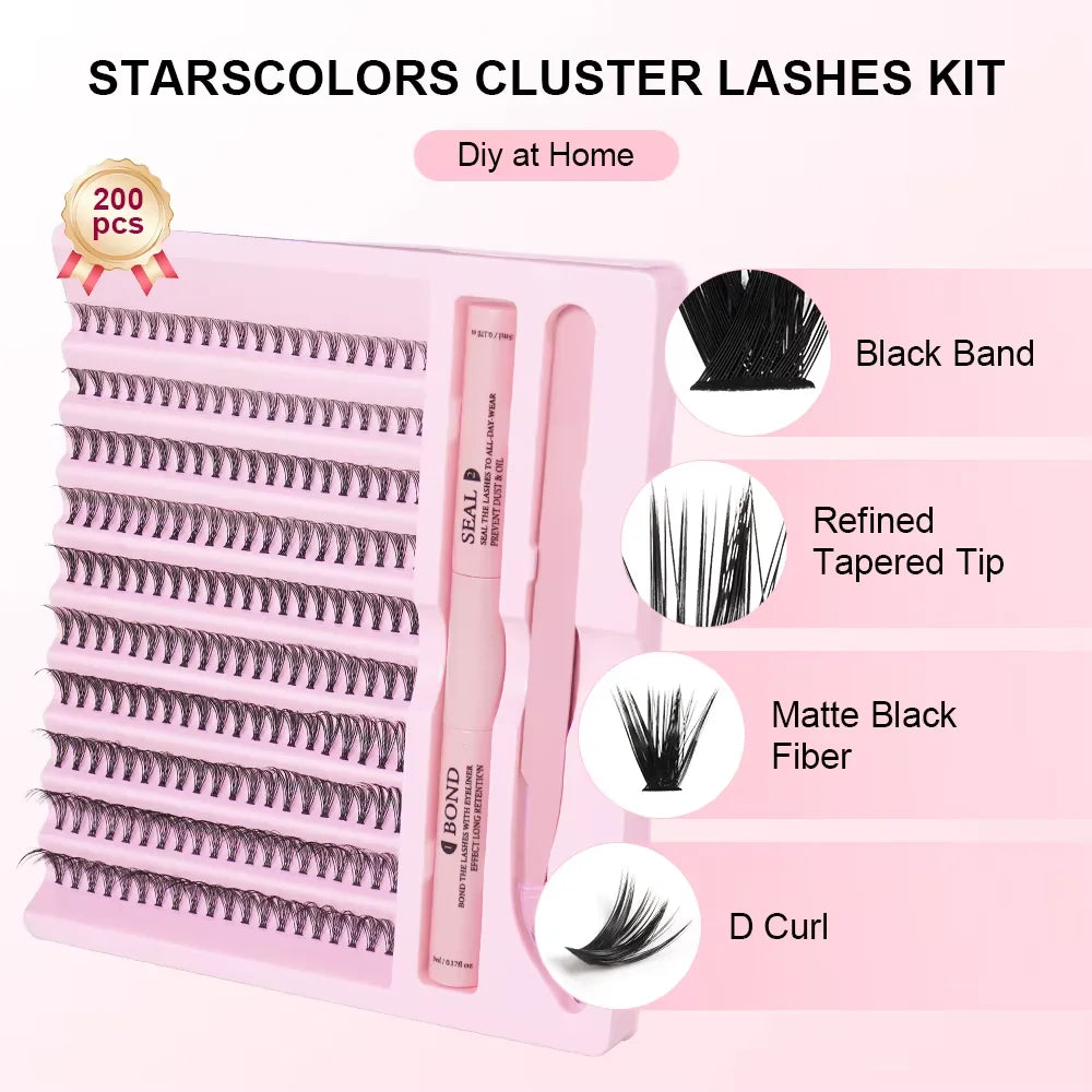 Diy Cluster Lashes Kit 200 Pcs: 8-16Mm Mixed, Bond & Seal Glue, Tweezers for Natural Self Application Look